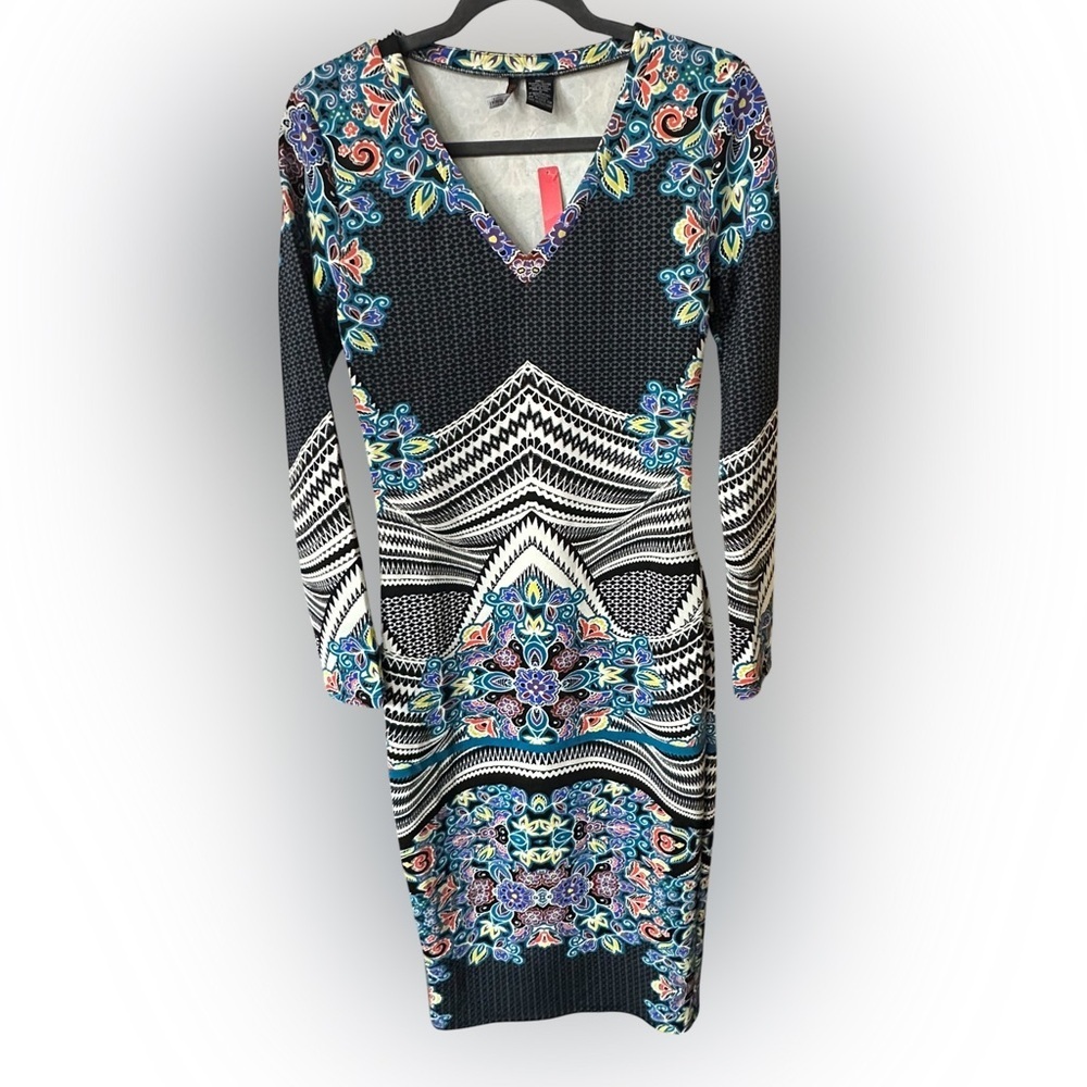 Fire Los Angeles Black and Blue Patterned Long Sleeve bodycon Dress size M